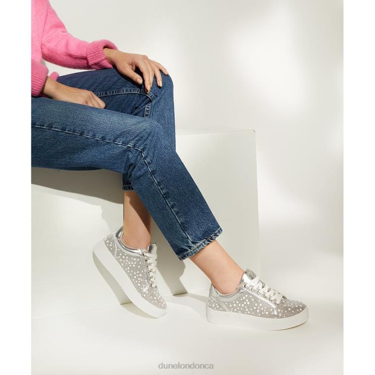 Dune London Everleas Women Diamante-Embellished Metallic Trainers Silver 2Z0DB206
